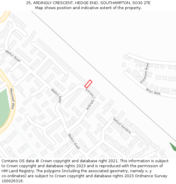25, ARDINGLY CRESCENT, HEDGE END, SOUTHAMPTON, SO30 2TE: Location map and indicative extent of plot
