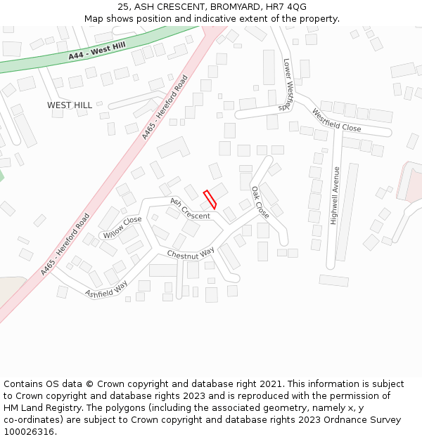 25, ASH CRESCENT, BROMYARD, HR7 4QG: Location map and indicative extent of plot