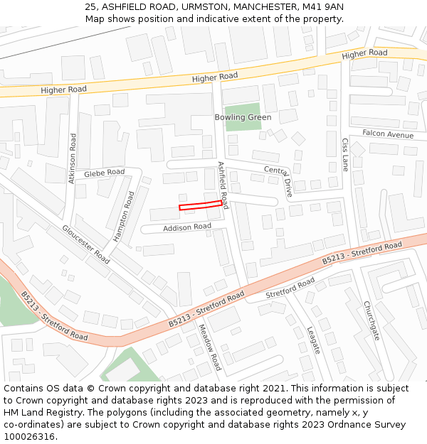 25, ASHFIELD ROAD, URMSTON, MANCHESTER, M41 9AN: Location map and indicative extent of plot
