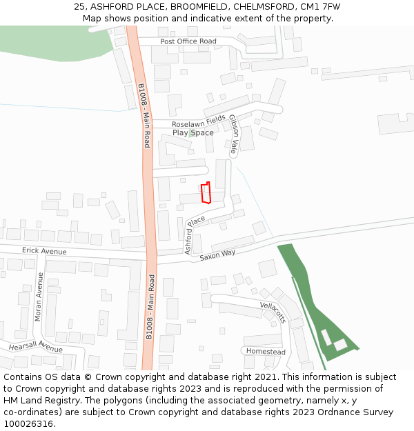 25, ASHFORD PLACE, BROOMFIELD, CHELMSFORD, CM1 7FW: Location map and indicative extent of plot