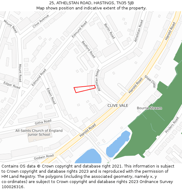 25, ATHELSTAN ROAD, HASTINGS, TN35 5JB: Location map and indicative extent of plot