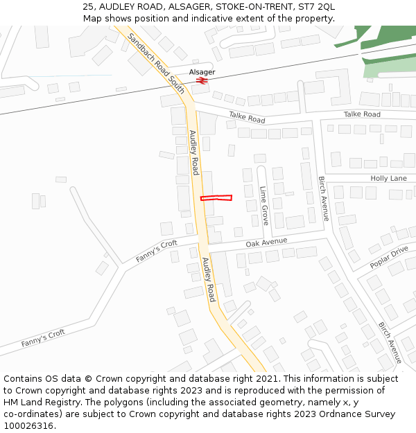 25, AUDLEY ROAD, ALSAGER, STOKE-ON-TRENT, ST7 2QL: Location map and indicative extent of plot