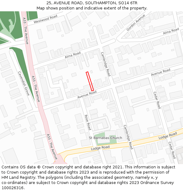 25, AVENUE ROAD, SOUTHAMPTON, SO14 6TR: Location map and indicative extent of plot