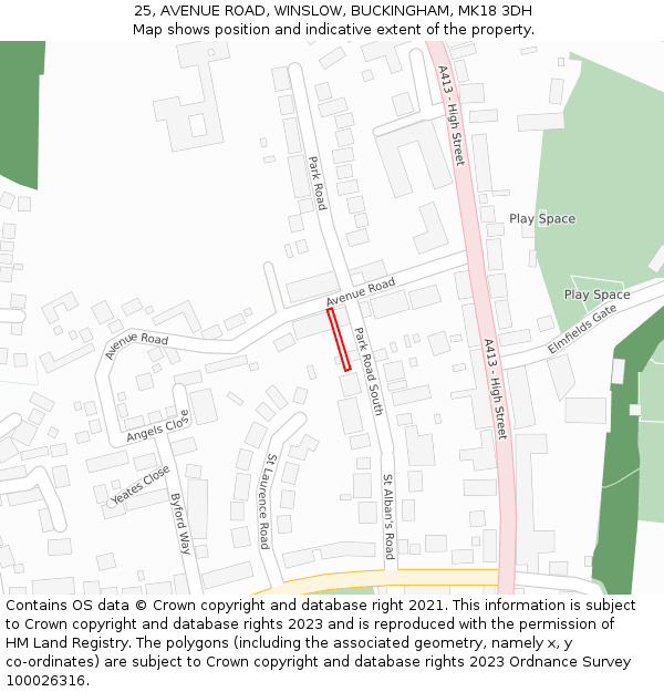 25, AVENUE ROAD, WINSLOW, BUCKINGHAM, MK18 3DH: Location map and indicative extent of plot