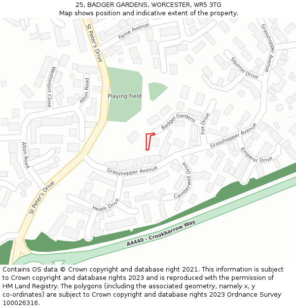25, BADGER GARDENS, WORCESTER, WR5 3TG: Location map and indicative extent of plot