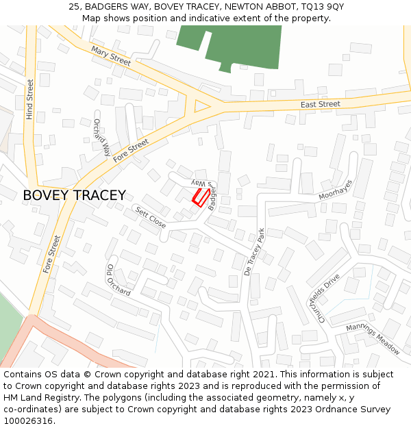 25, BADGERS WAY, BOVEY TRACEY, NEWTON ABBOT, TQ13 9QY: Location map and indicative extent of plot
