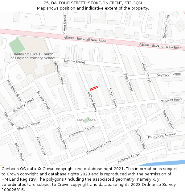 25, BALFOUR STREET, STOKE-ON-TRENT, ST1 3QN: Location map and indicative extent of plot
