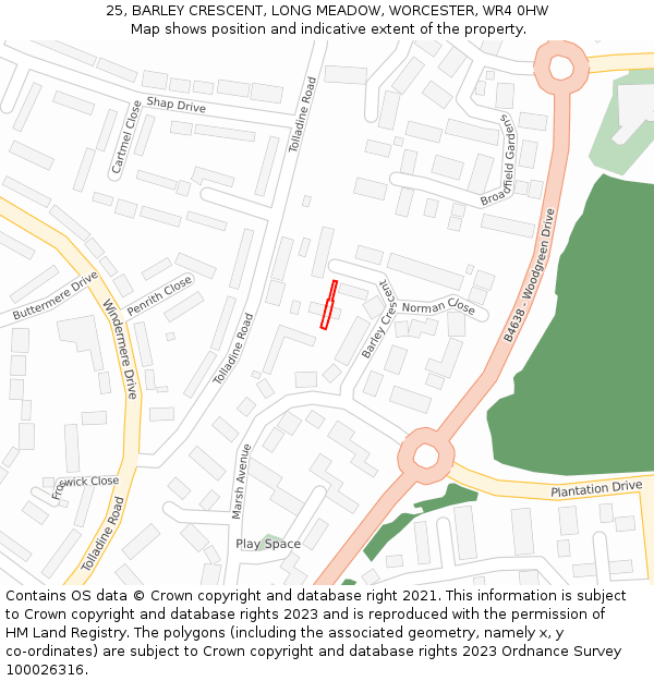 25, BARLEY CRESCENT, LONG MEADOW, WORCESTER, WR4 0HW: Location map and indicative extent of plot