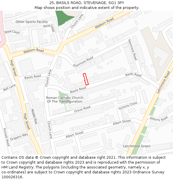 25, BASILS ROAD, STEVENAGE, SG1 3PY: Location map and indicative extent of plot