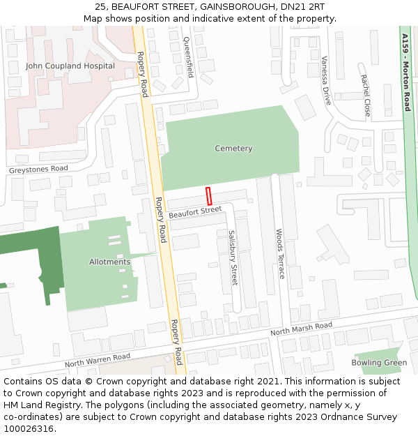 25, BEAUFORT STREET, GAINSBOROUGH, DN21 2RT: Location map and indicative extent of plot