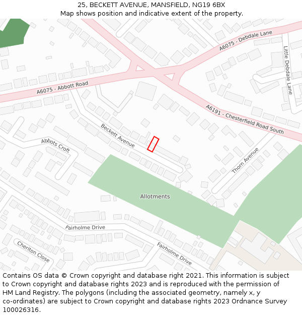25, BECKETT AVENUE, MANSFIELD, NG19 6BX: Location map and indicative extent of plot