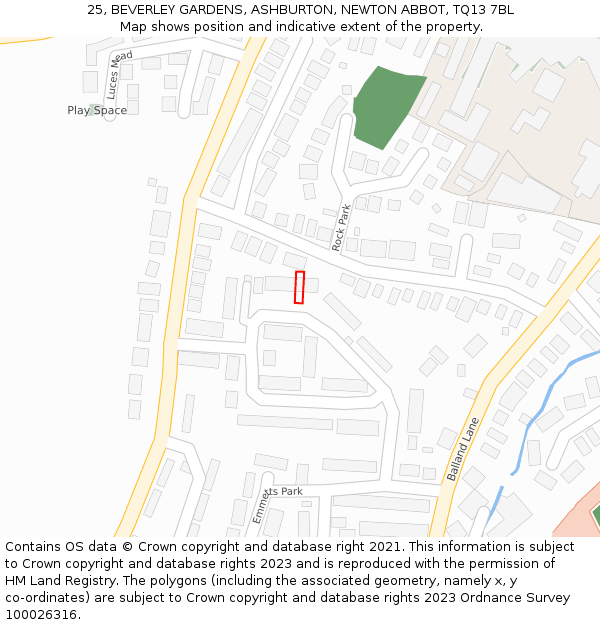 25, BEVERLEY GARDENS, ASHBURTON, NEWTON ABBOT, TQ13 7BL: Location map and indicative extent of plot