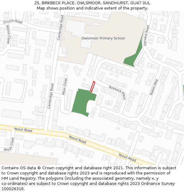 25, BIRKBECK PLACE, OWLSMOOR, SANDHURST, GU47 0UL: Location map and indicative extent of plot