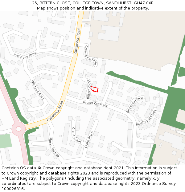 25, BITTERN CLOSE, COLLEGE TOWN, SANDHURST, GU47 0XP: Location map and indicative extent of plot