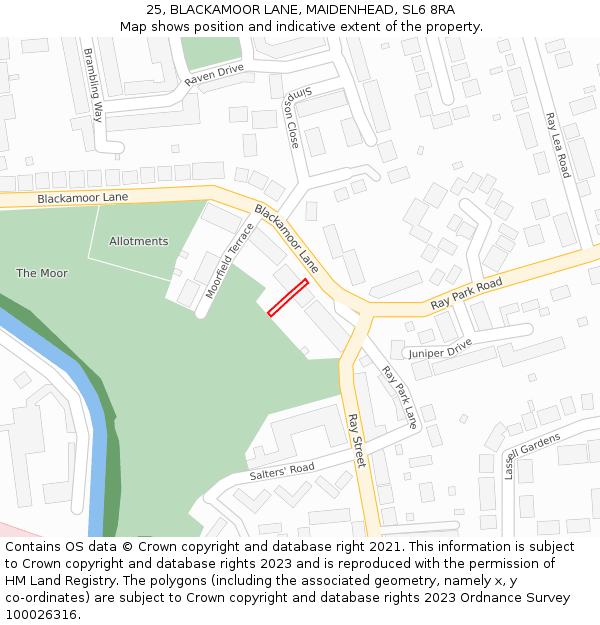 25, BLACKAMOOR LANE, MAIDENHEAD, SL6 8RA: Location map and indicative extent of plot