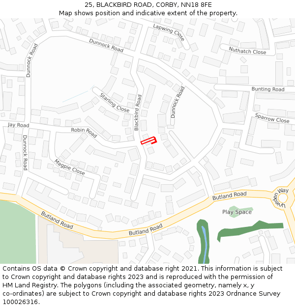 25, BLACKBIRD ROAD, CORBY, NN18 8FE: Location map and indicative extent of plot