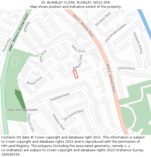25, BLAKELEY CLOSE, RUGELEY, WS15 2FW: Location map and indicative extent of plot