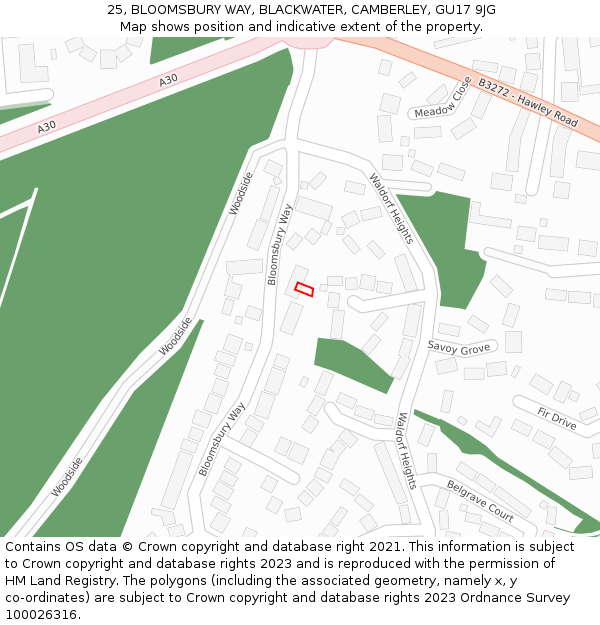 25, BLOOMSBURY WAY, BLACKWATER, CAMBERLEY, GU17 9JG: Location map and indicative extent of plot