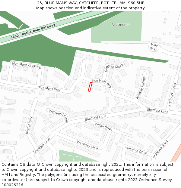25, BLUE MANS WAY, CATCLIFFE, ROTHERHAM, S60 5UR: Location map and indicative extent of plot