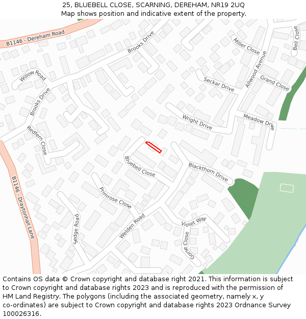 25, BLUEBELL CLOSE, SCARNING, DEREHAM, NR19 2UQ: Location map and indicative extent of plot