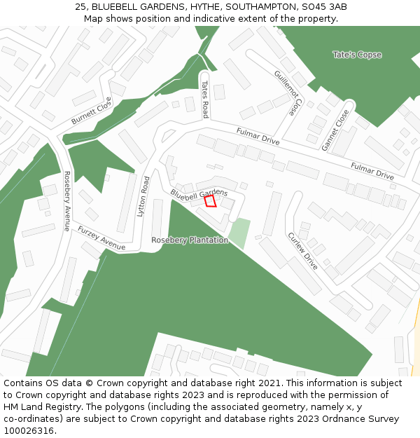25, BLUEBELL GARDENS, HYTHE, SOUTHAMPTON, SO45 3AB: Location map and indicative extent of plot