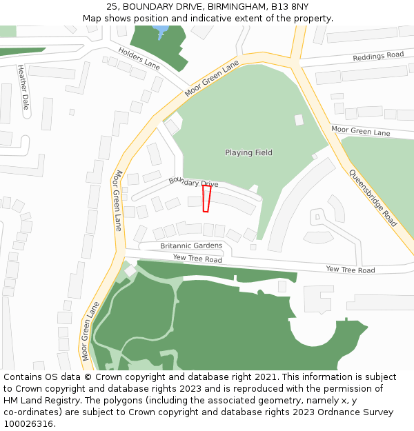 25, BOUNDARY DRIVE, BIRMINGHAM, B13 8NY: Location map and indicative extent of plot