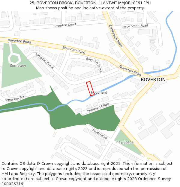 25, BOVERTON BROOK, BOVERTON, LLANTWIT MAJOR, CF61 1YH: Location map and indicative extent of plot