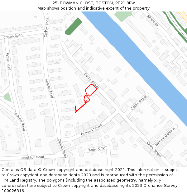 25, BOWMAN CLOSE, BOSTON, PE21 8PW: Location map and indicative extent of plot