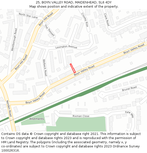25, BOYN VALLEY ROAD, MAIDENHEAD, SL6 4DY: Location map and indicative extent of plot