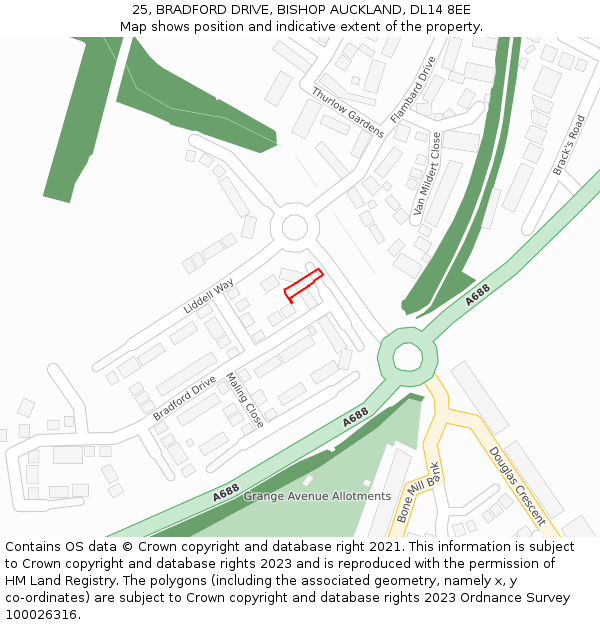 25, BRADFORD DRIVE, BISHOP AUCKLAND, DL14 8EE: Location map and indicative extent of plot