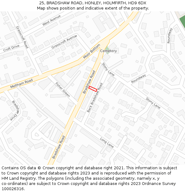 25, BRADSHAW ROAD, HONLEY, HOLMFIRTH, HD9 6DX: Location map and indicative extent of plot