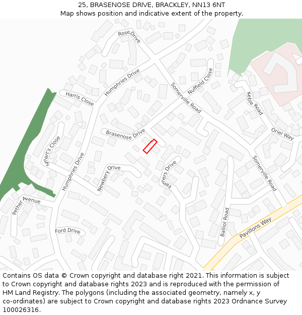 25, BRASENOSE DRIVE, BRACKLEY, NN13 6NT: Location map and indicative extent of plot