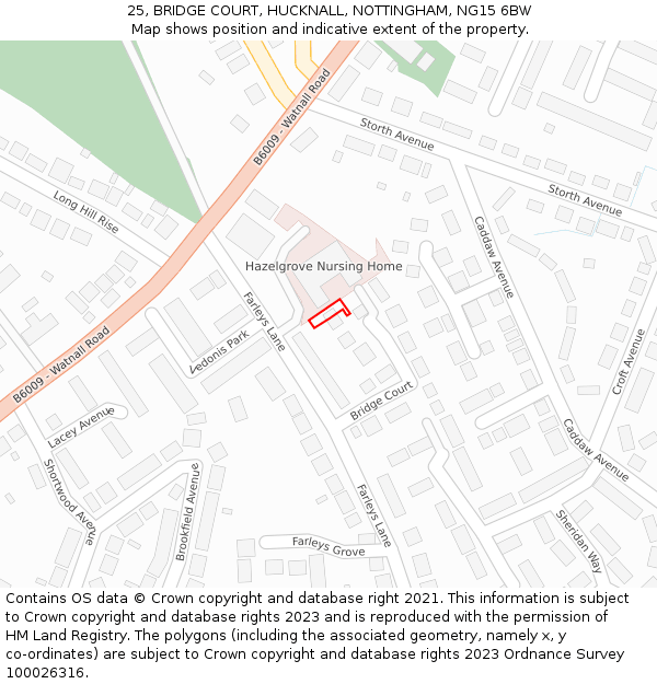 25, BRIDGE COURT, HUCKNALL, NOTTINGHAM, NG15 6BW: Location map and indicative extent of plot