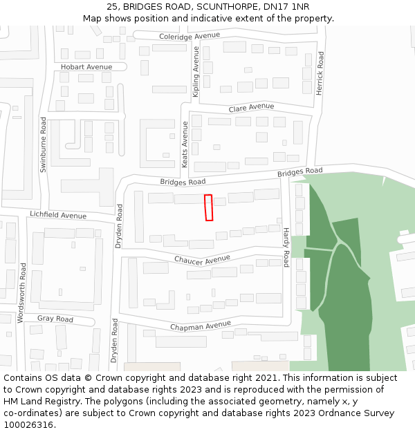 25, BRIDGES ROAD, SCUNTHORPE, DN17 1NR: Location map and indicative extent of plot