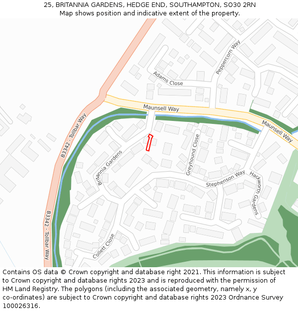 25, BRITANNIA GARDENS, HEDGE END, SOUTHAMPTON, SO30 2RN: Location map and indicative extent of plot