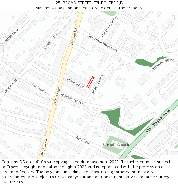 25, BROAD STREET, TRURO, TR1 1JD: Location map and indicative extent of plot