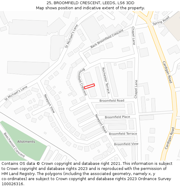 25, BROOMFIELD CRESCENT, LEEDS, LS6 3DD: Location map and indicative extent of plot