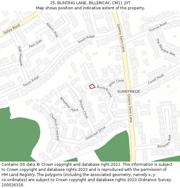 25, BUNTING LANE, BILLERICAY, CM11 2YT: Location map and indicative extent of plot