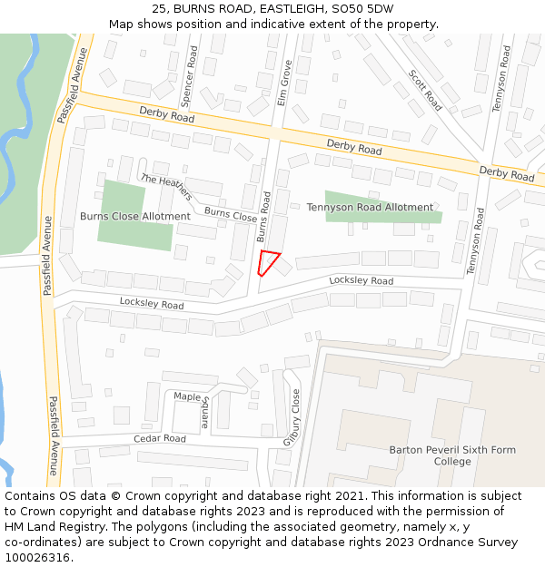 25, BURNS ROAD, EASTLEIGH, SO50 5DW: Location map and indicative extent of plot