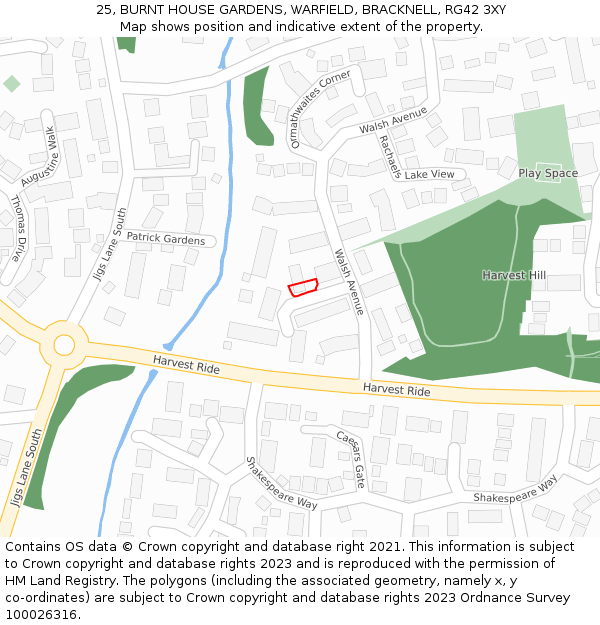 25, BURNT HOUSE GARDENS, WARFIELD, BRACKNELL, RG42 3XY: Location map and indicative extent of plot