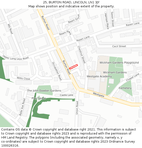 25, BURTON ROAD, LINCOLN, LN1 3JY: Location map and indicative extent of plot