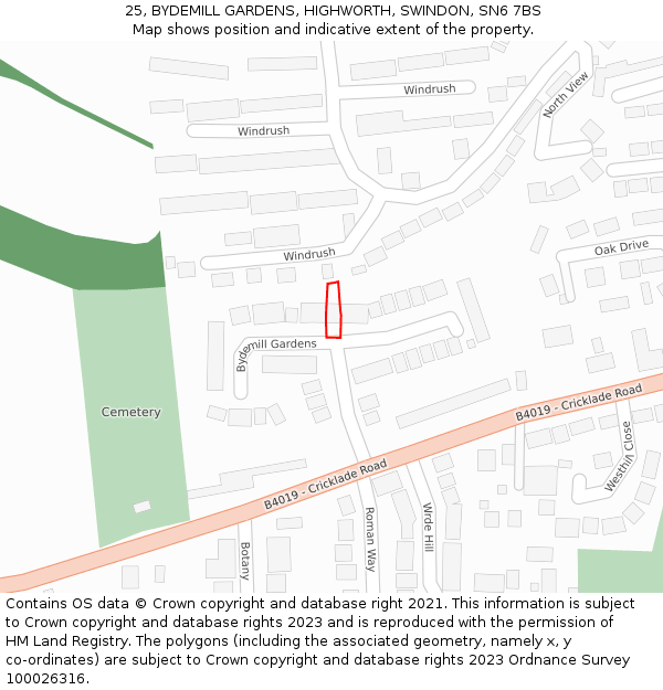 25, BYDEMILL GARDENS, HIGHWORTH, SWINDON, SN6 7BS: Location map and indicative extent of plot