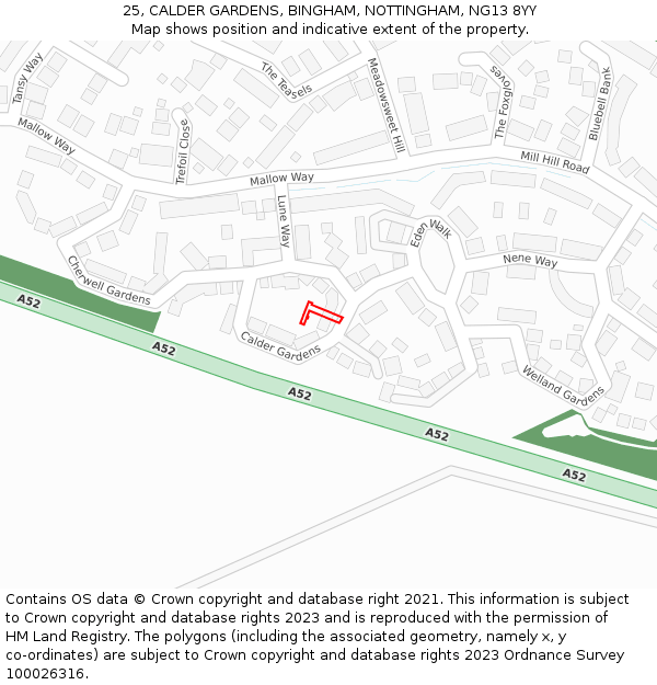 25, CALDER GARDENS, BINGHAM, NOTTINGHAM, NG13 8YY: Location map and indicative extent of plot