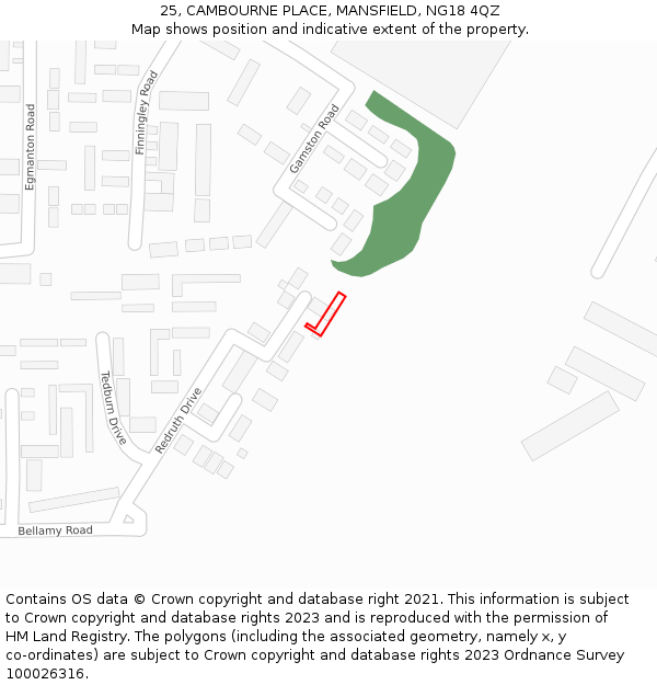 25, CAMBOURNE PLACE, MANSFIELD, NG18 4QZ: Location map and indicative extent of plot