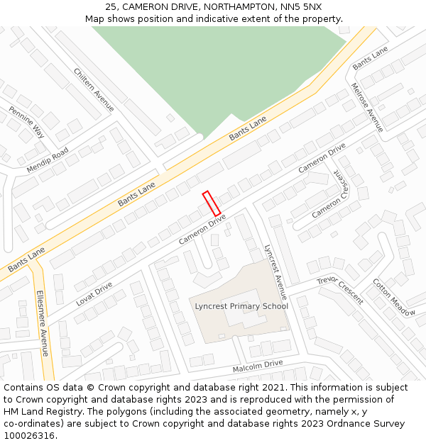 25, CAMERON DRIVE, NORTHAMPTON, NN5 5NX: Location map and indicative extent of plot