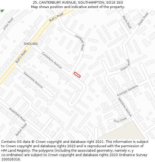 25, CANTERBURY AVENUE, SOUTHAMPTON, SO19 1EG: Location map and indicative extent of plot