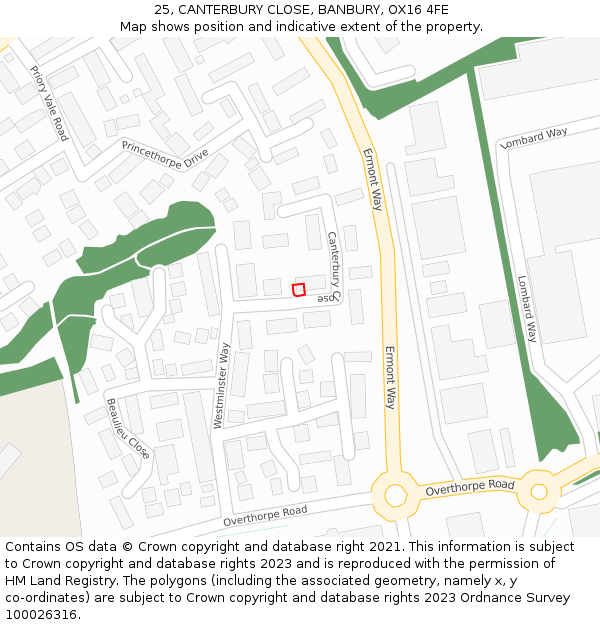25, CANTERBURY CLOSE, BANBURY, OX16 4FE: Location map and indicative extent of plot