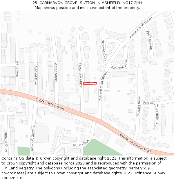 25, CARNARVON GROVE, SUTTON-IN-ASHFIELD, NG17 2HH: Location map and indicative extent of plot
