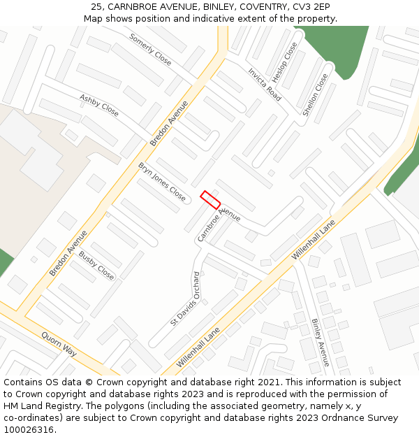 25, CARNBROE AVENUE, BINLEY, COVENTRY, CV3 2EP: Location map and indicative extent of plot
