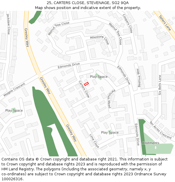 25, CARTERS CLOSE, STEVENAGE, SG2 9QA: Location map and indicative extent of plot